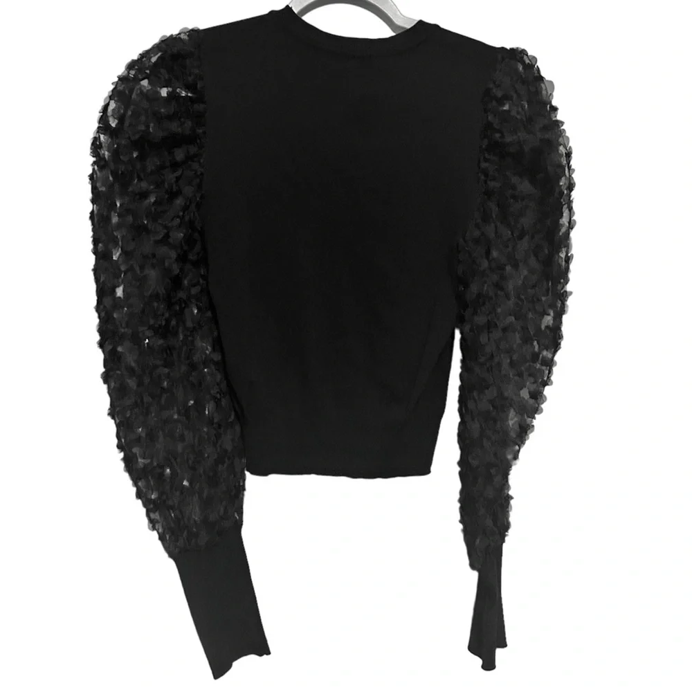 ZARA 3D Flower Mesh Sleeve Black Blouse - Picture 2 of 5